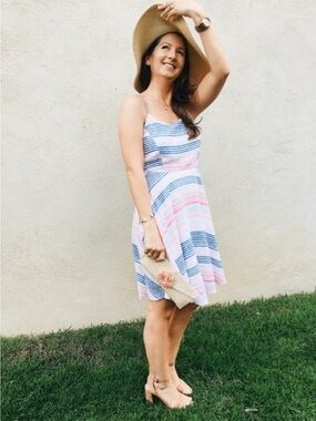 Striped Spaghetti-Strap Sundress in Blue & Pink